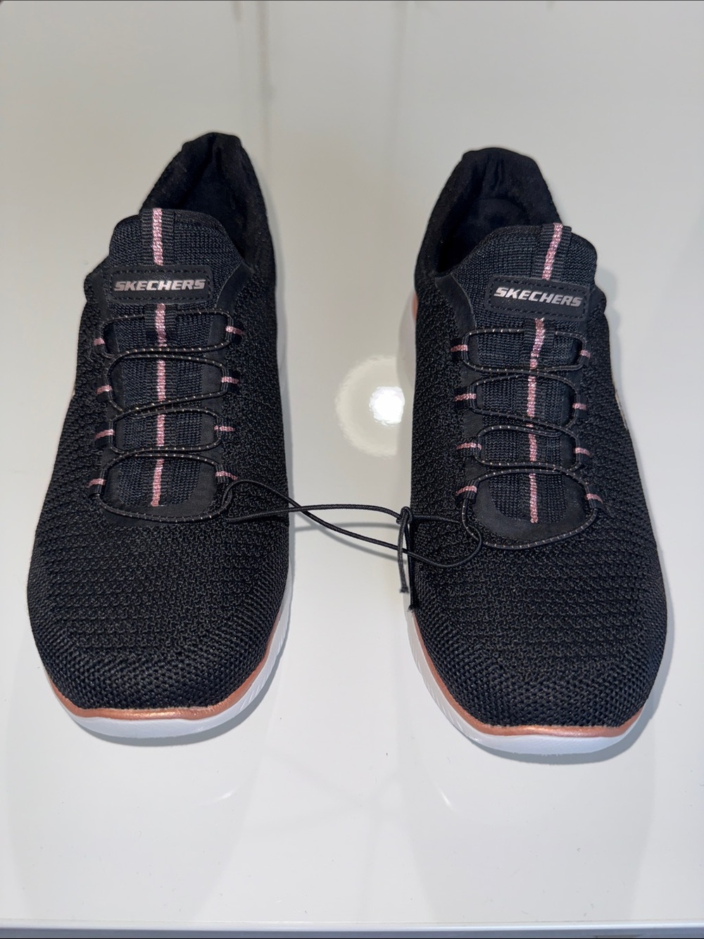 Skechers Black Slip-On Knit Sneakers with Pink Trim Size 7.5